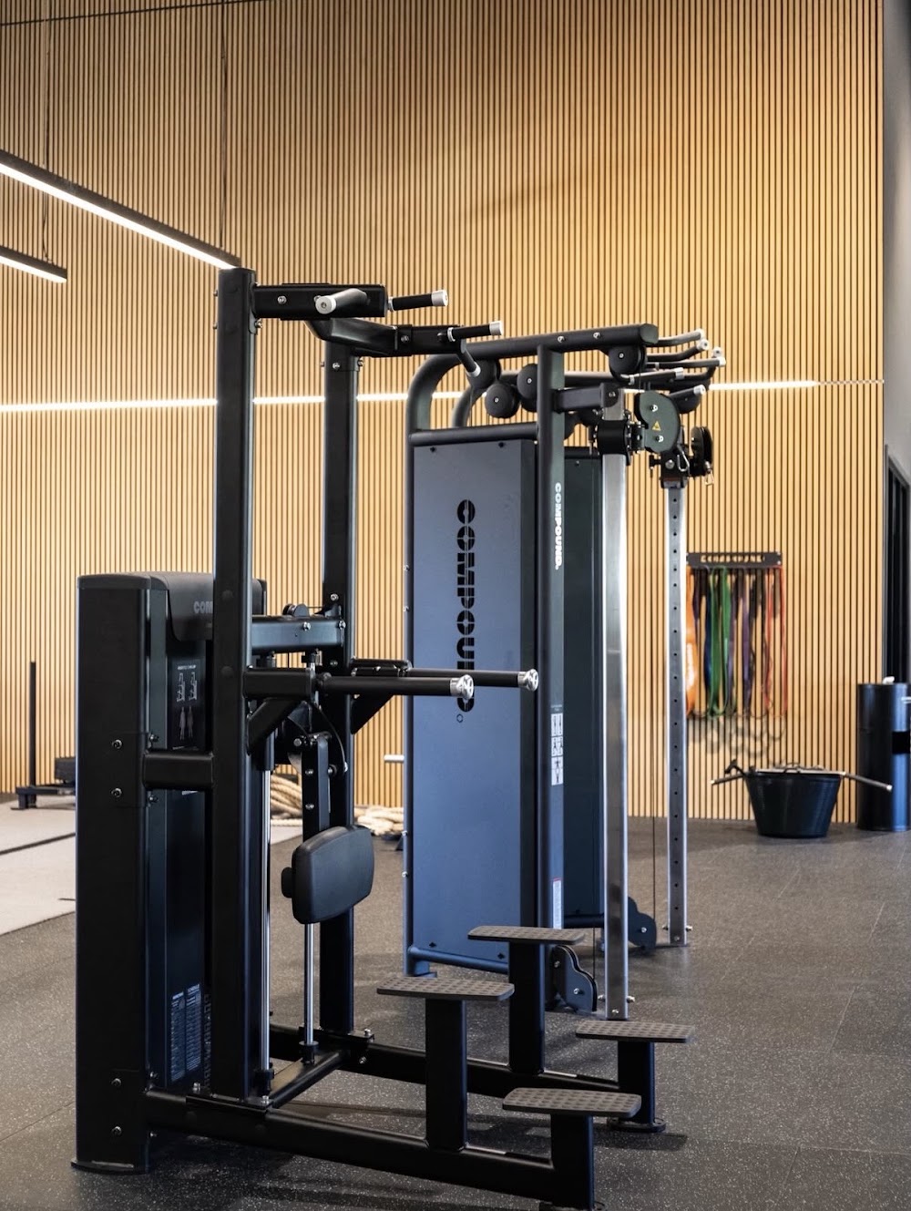 Pin-loaded machines against a timber feature wall in a boutique gym by Compound Fitness